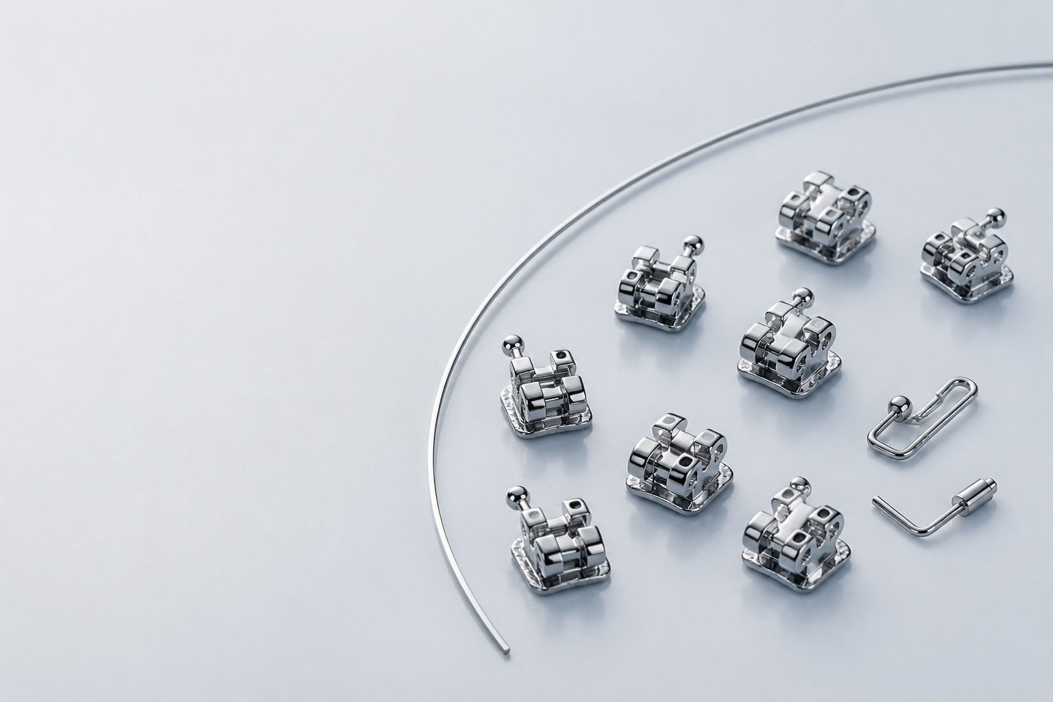Precision orthodontic brackets, archwire and auxiliaries in a studio composition